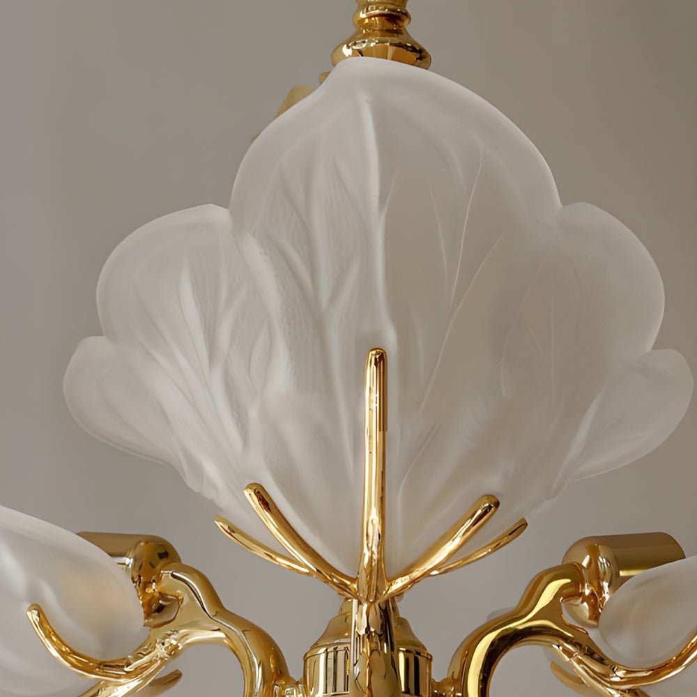 9-Light Brass Chandelier with Murano Glass Leaf Shades