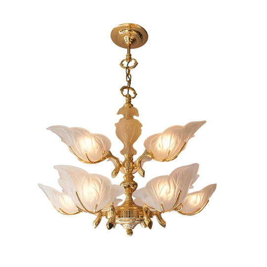 9-Light Brass Chandelier with Murano Glass Leaf Shades