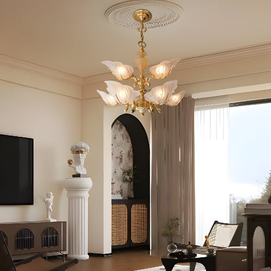 9-Light Brass Chandelier with Murano Glass Leaf Shades