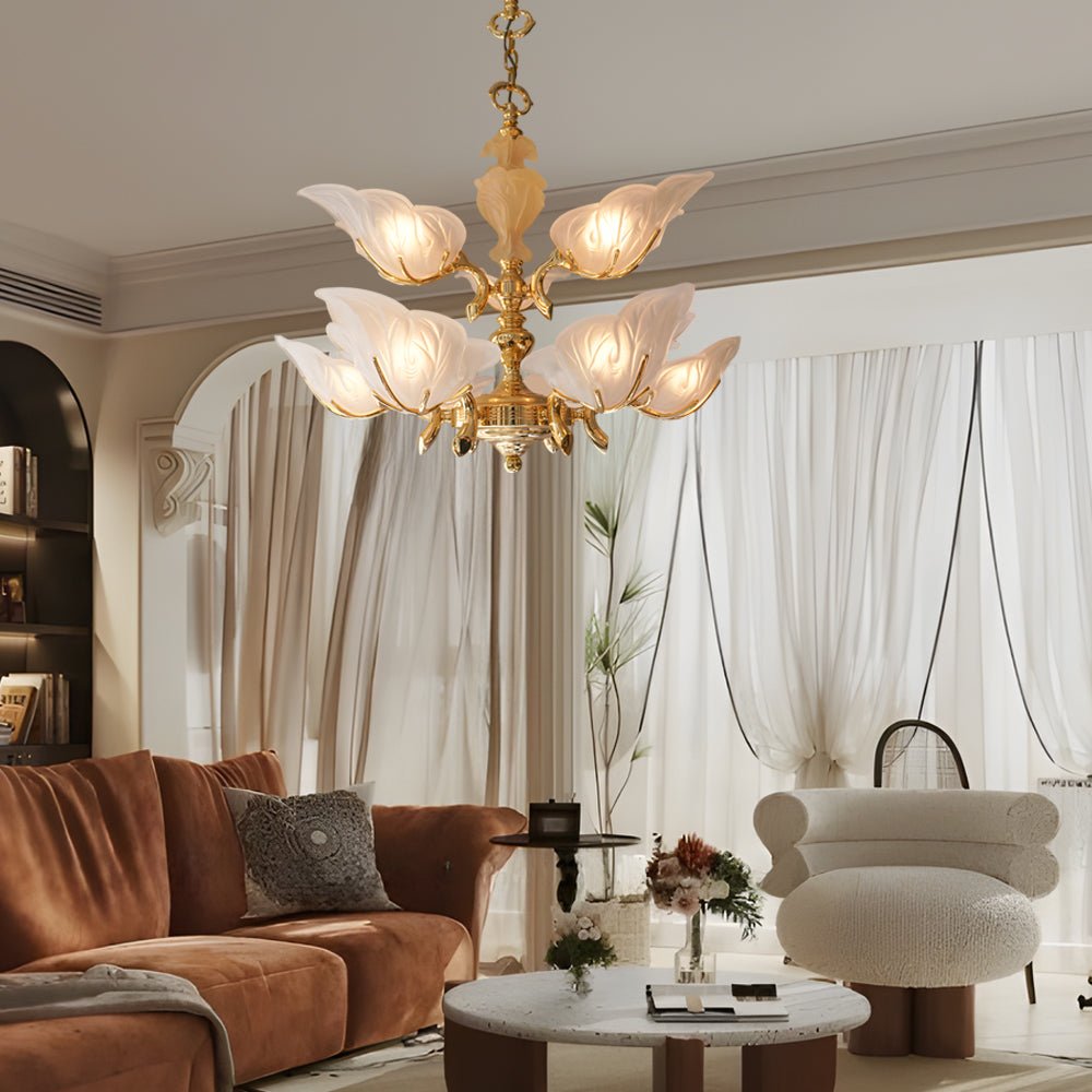 9-Light Brass Chandelier with Murano Glass Leaf Shades