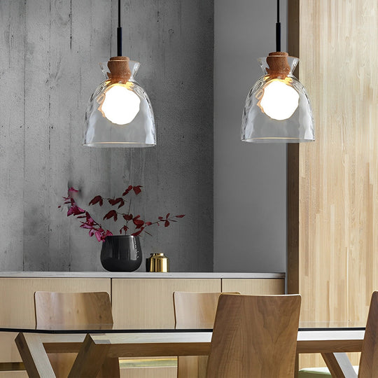 Round Creative Glass Wood Japanese Style Pendant Light Small Chandelier
