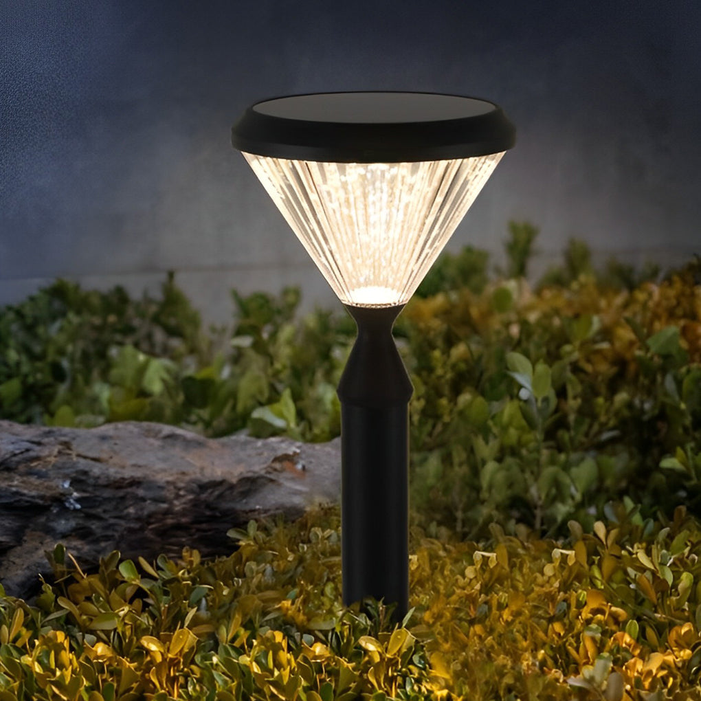 Round Black Solar LED Outdoor Light with Ribbed Lampshade