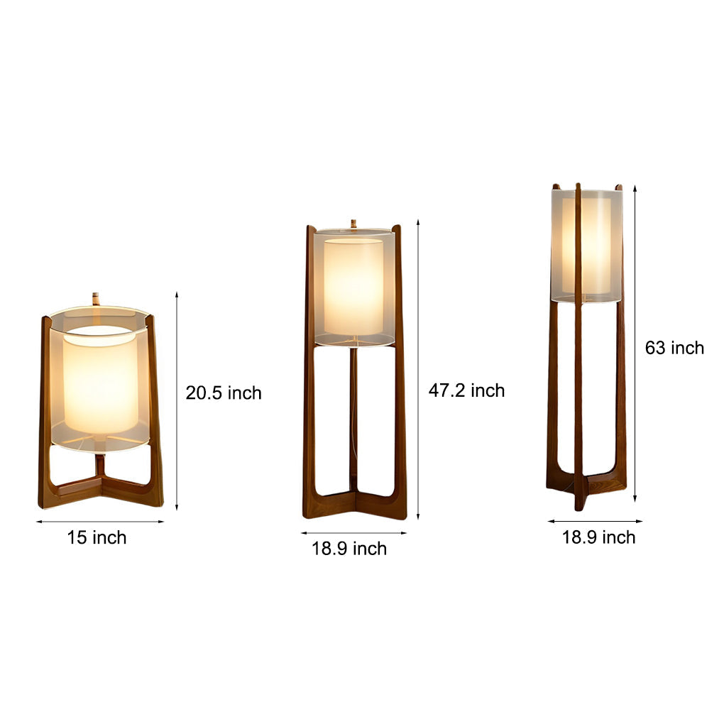 Rustic Japanese-Style Wood Standing Floor Lamp with Double Shades