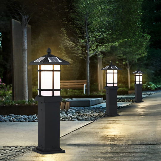 Modern Solar LED Bollard Lights with Ancient Asian Style Top – Waterproof Outdoor Light