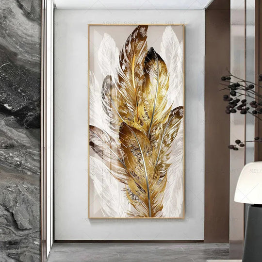 Abstract Beige Golden Brown Feathers Canvas Wall Art