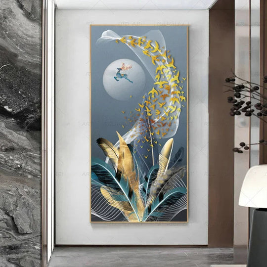 Abstract Beige Golden Brown Feathers Canvas Wall Art