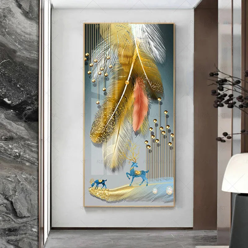 Abstract Beige Golden Brown Feathers Canvas Wall Art