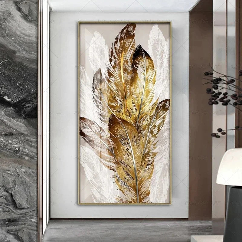 Abstract Beige Golden Brown Feathers Canvas Wall Art
