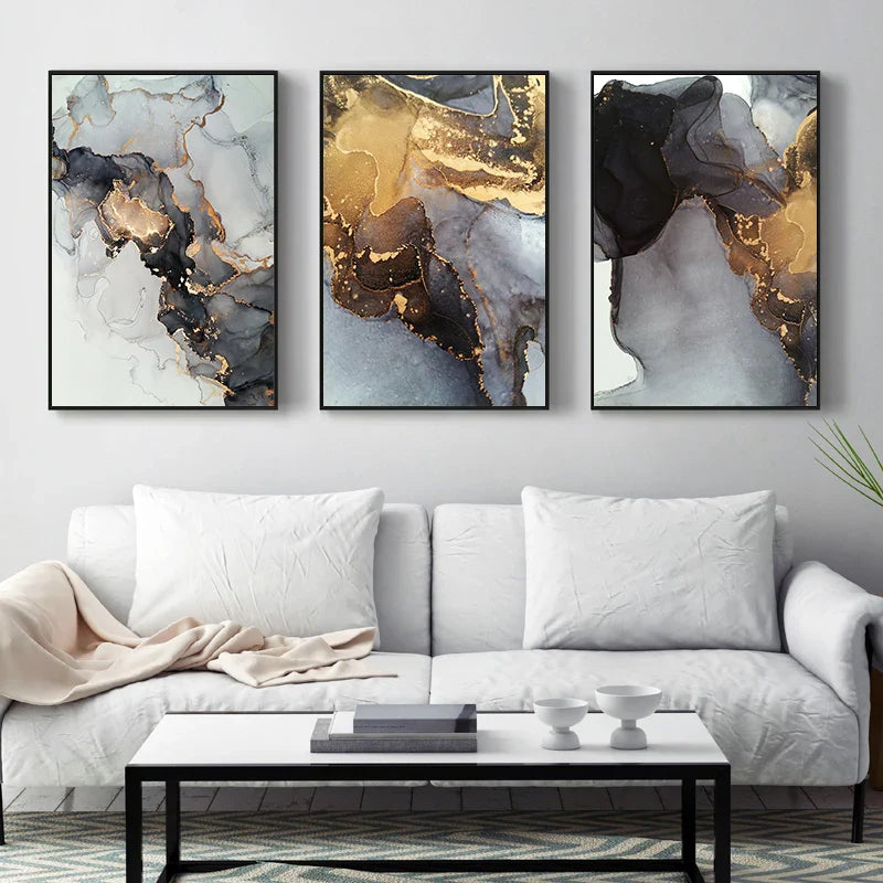 Abstract Black Gray Golden Liquid Marble Canvas Wall Art Unframed