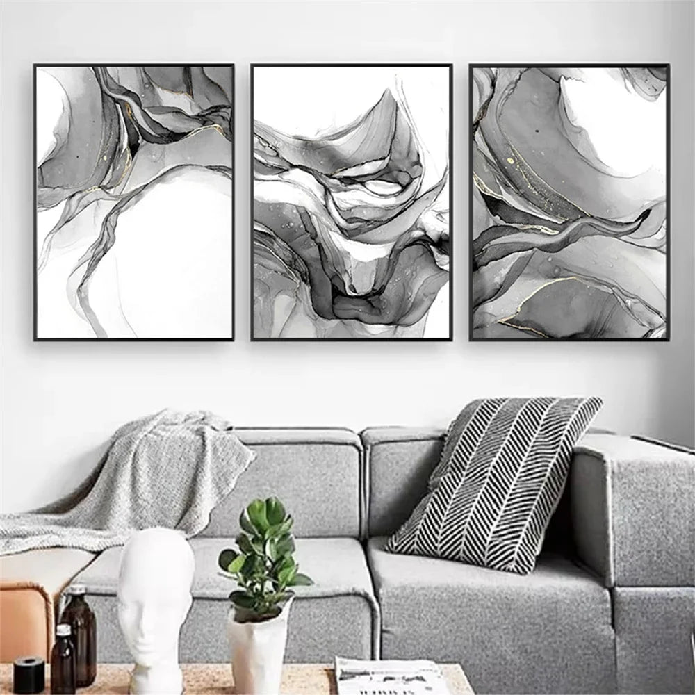 Abstract Black White Liquid Marble Canvas Wall Art Unframed