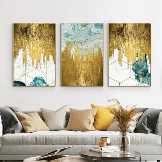 Abstract Liquid Golden Aqua Marble Canvas Wall Art Unframed
