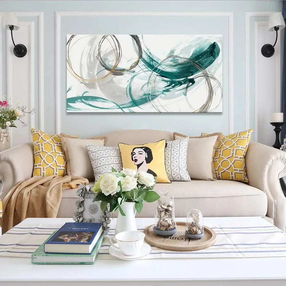 Abstract Minimalist Golden Grey Green Flowing Canvas Wall Art Unframed