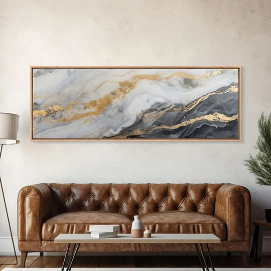 Wide Format Grey Golden Marble Abstract Canvas Wall Art