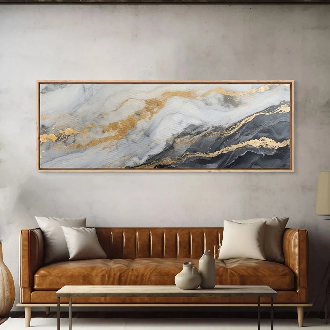 Wide Format Grey Golden Marble Abstract Canvas Wall Art