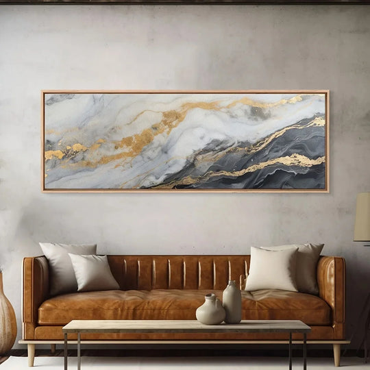 Wide Format Grey Golden Marble Abstract Canvas Wall Art