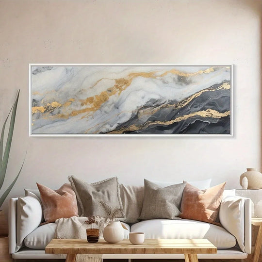 Wide Format Grey Golden Marble Abstract Canvas Wall Art