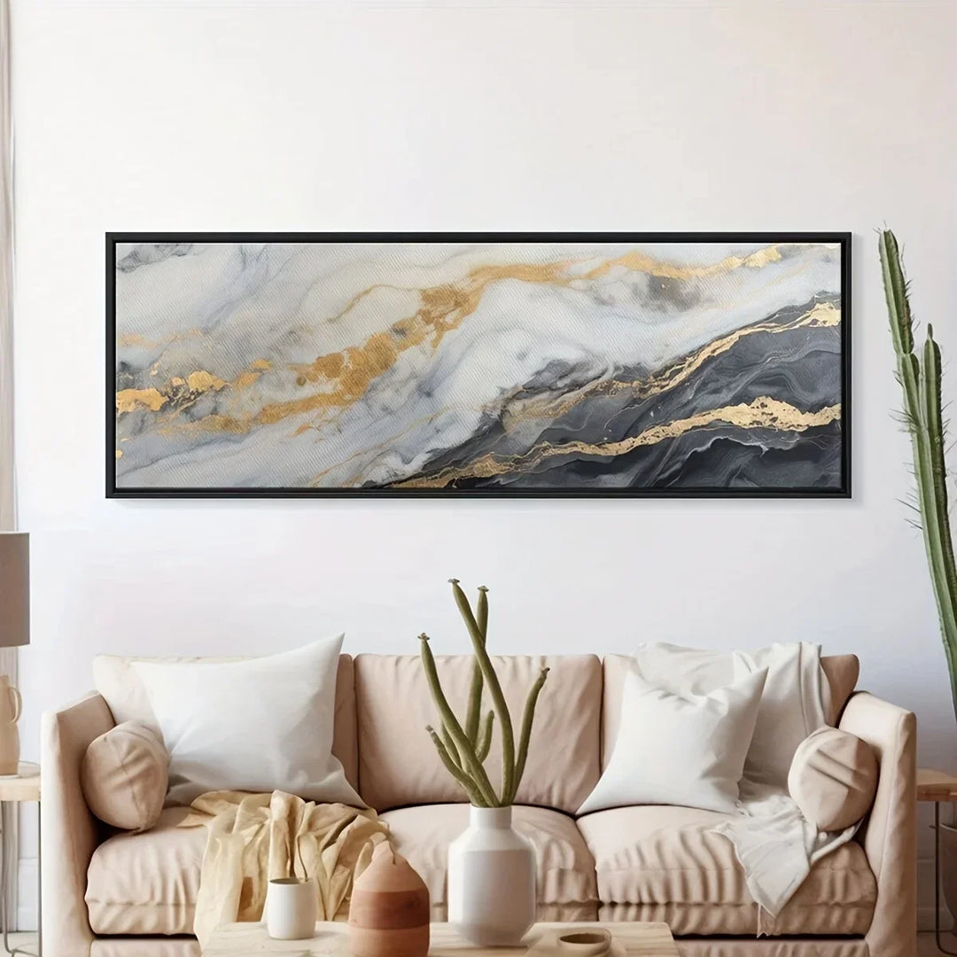 Wide Format Grey Golden Marble Abstract Canvas Wall Art