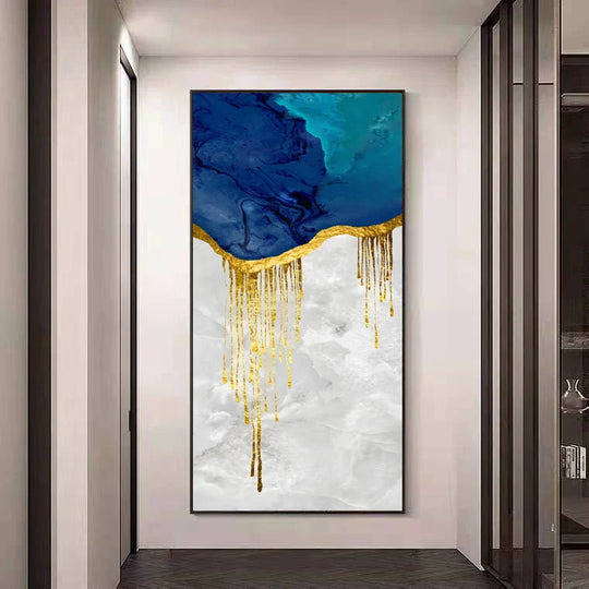 Aqua Blue Liquid Golden Abstract Canvas Wall Art