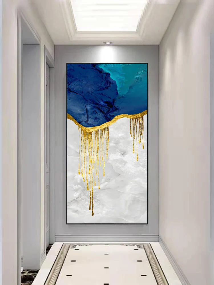 Aqua Blue Liquid Golden Abstract Canvas Wall Art