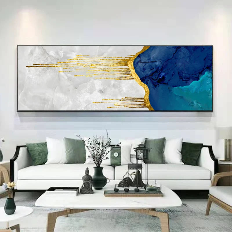 Aqua Blue Liquid Golden Abstract Canvas Wall Art