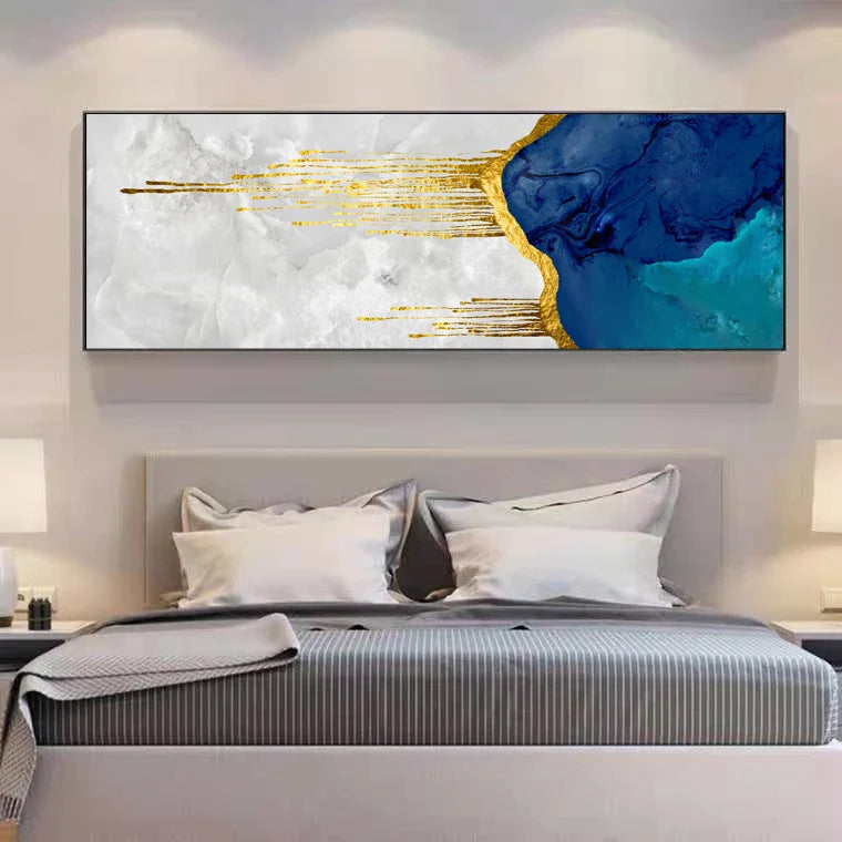 Aqua Blue Liquid Golden Abstract Canvas Wall Art