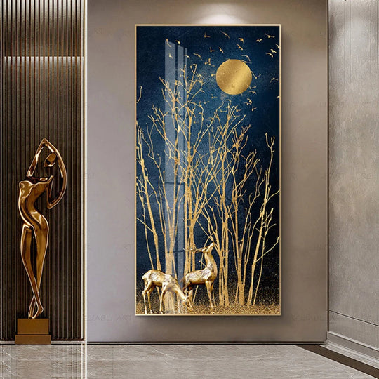 Golden Deer in Moonlight Abstract Canvas Wall Art