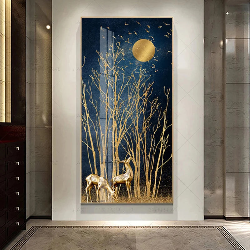Golden Deer in Moonlight Abstract Canvas Wall Art