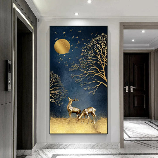 Golden Deer in Moonlight Abstract Canvas Wall Art