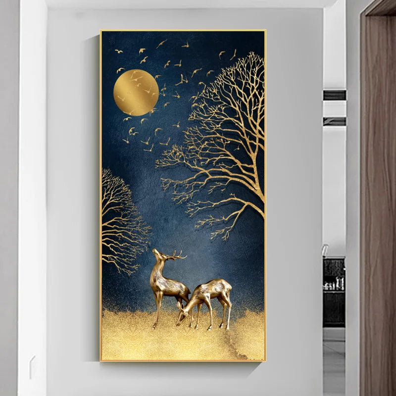 Golden Deer in Moonlight Abstract Canvas Wall Art