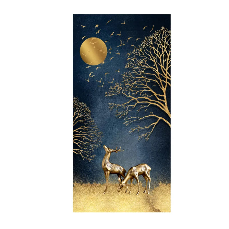 Golden Deer in Moonlight Abstract Canvas Wall Art