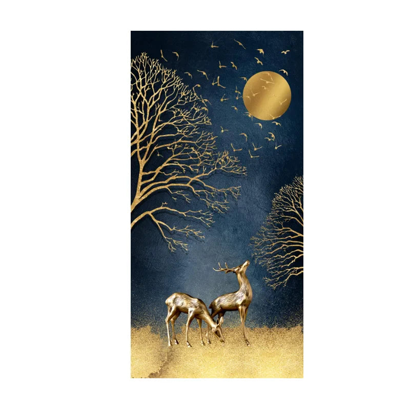 Golden Deer in Moonlight Abstract Canvas Wall Art