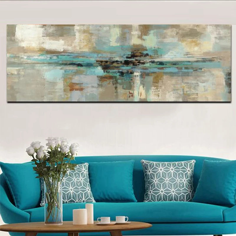 Beige Turquoise Wide Format Abstract Canvas Wall Art Unframed