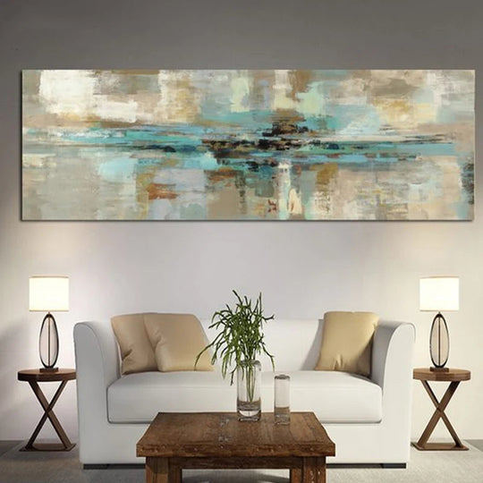 Beige Turquoise Wide Format Abstract Canvas Wall Art Unframed