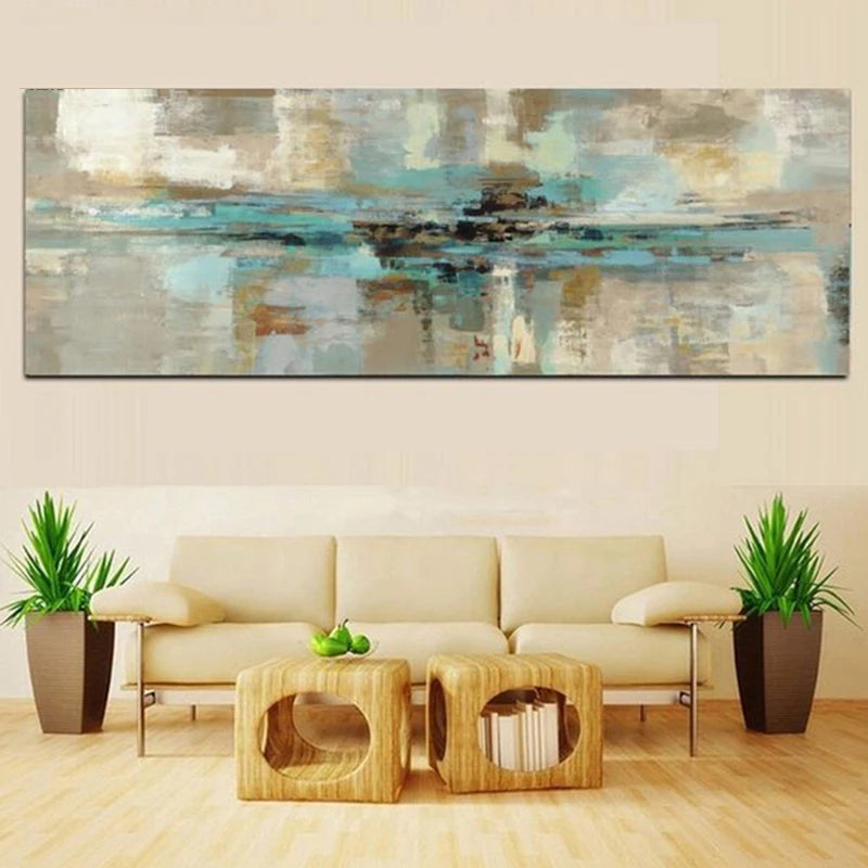 Beige Turquoise Wide Format Abstract Canvas Wall Art Unframed