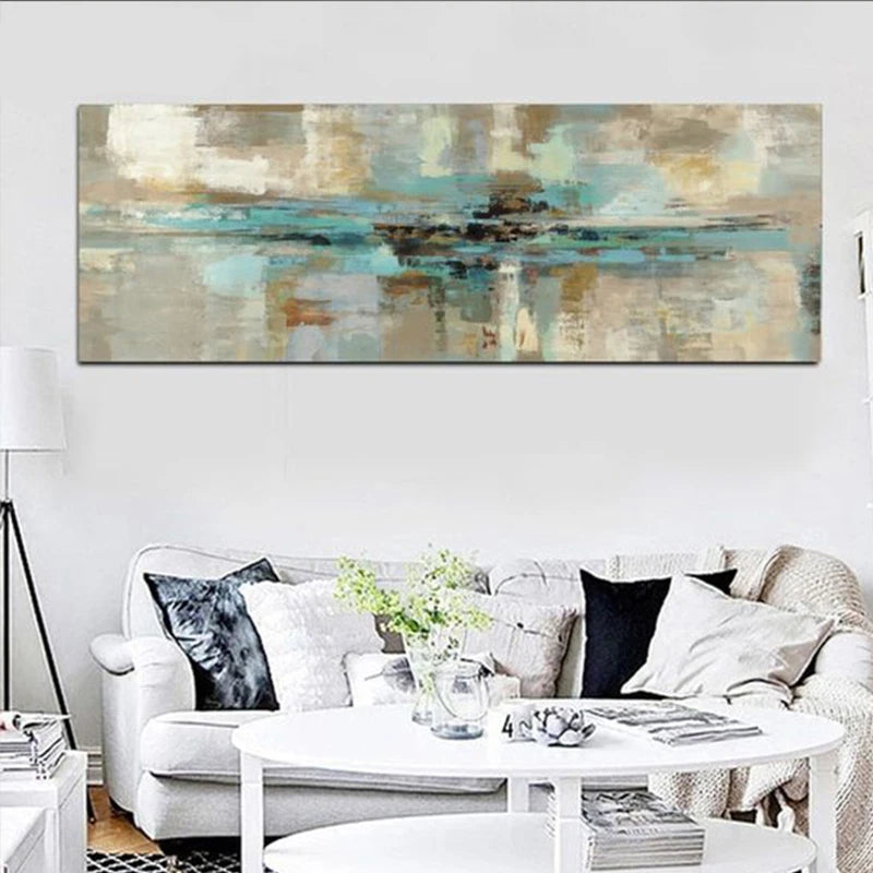 Beige Turquoise Wide Format Abstract Canvas Wall Art Unframed