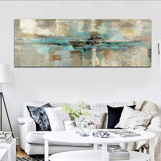 Beige Turquoise Wide Format Abstract Canvas Wall Art Unframed