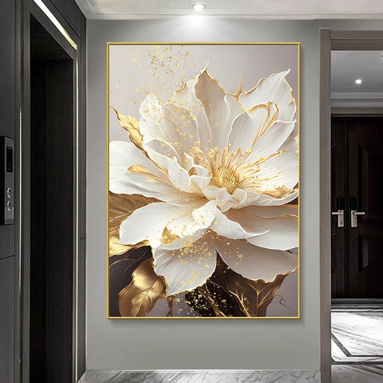 Big Golden White Petal Floral Canvas Wall Art Unframed