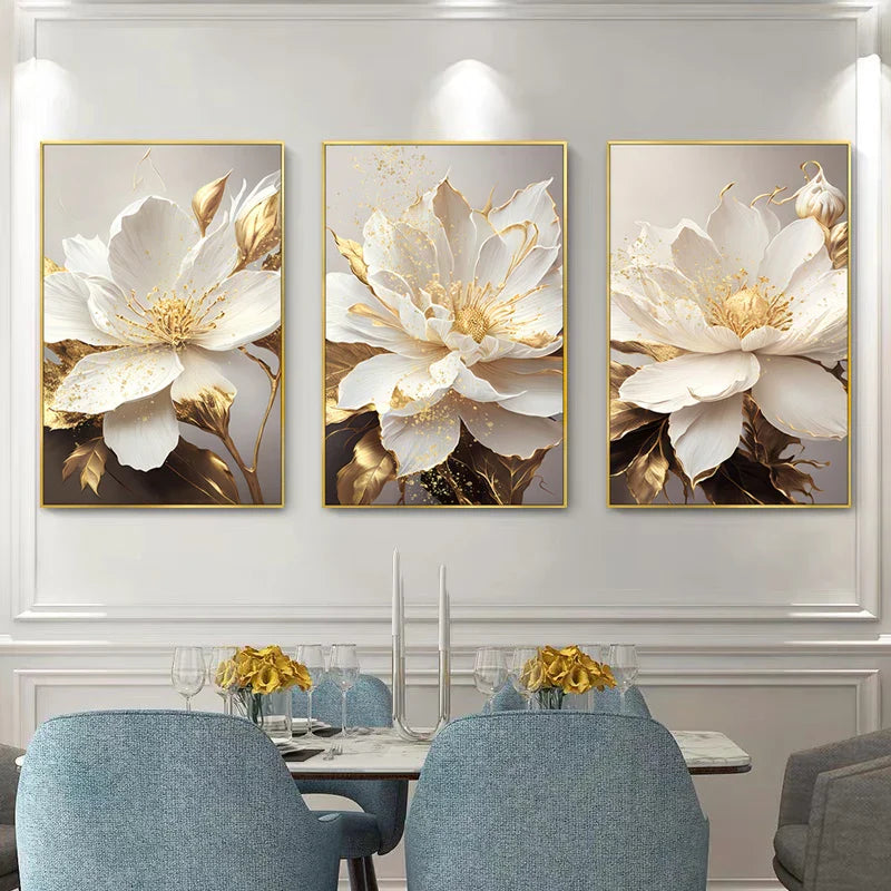 Big Golden White Petal Floral Canvas Wall Art Unframed