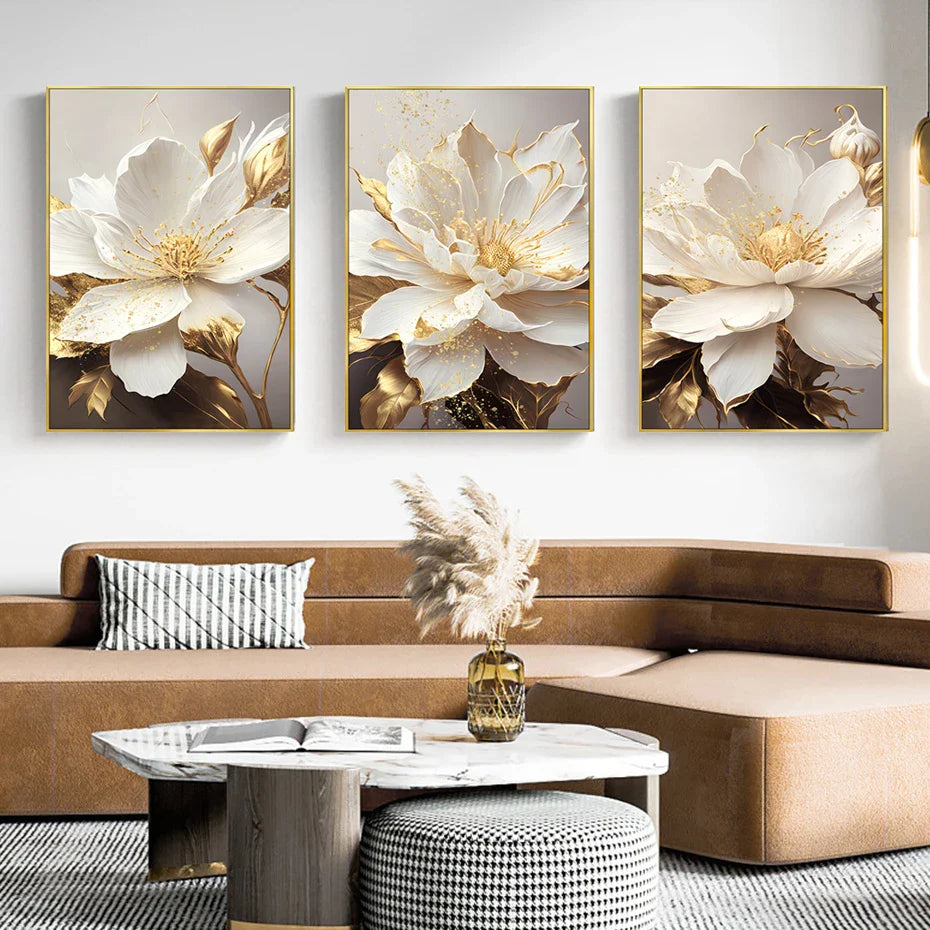 Big Golden White Petal Floral Canvas Wall Art Unframed