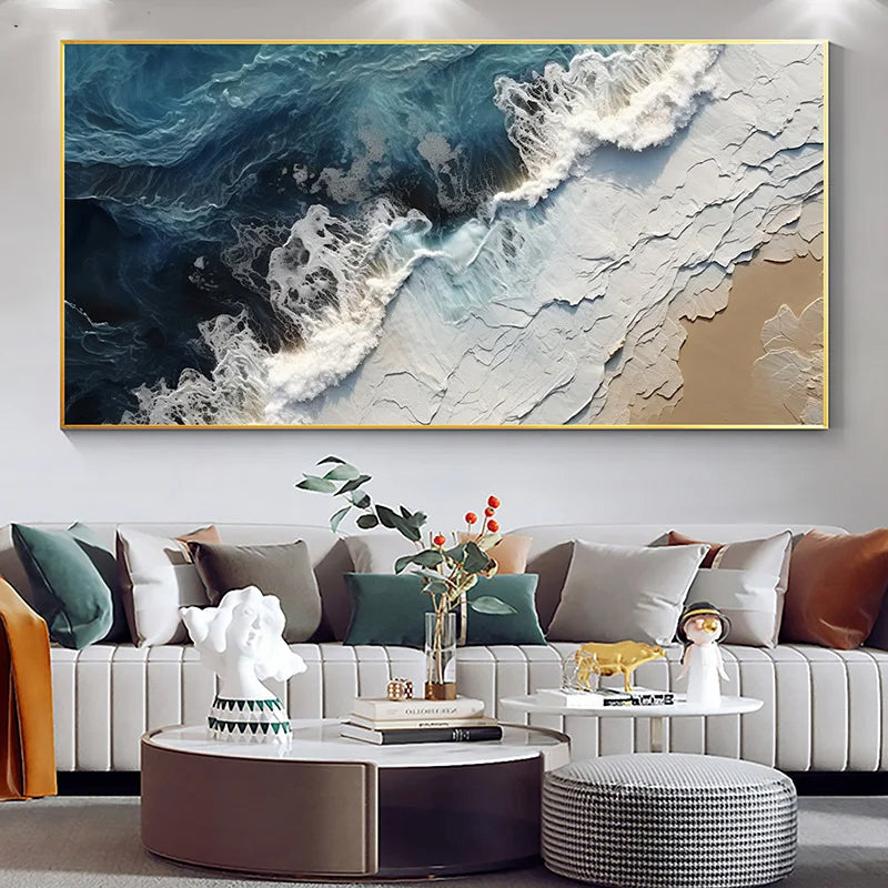 Blue Ocean Wave Sand Shoreline Abstract Canvas Wall Art