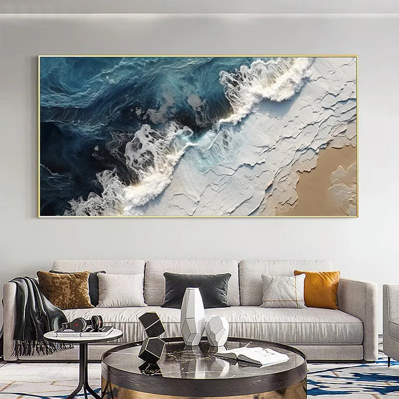 Blue Ocean Wave Sand Shoreline Abstract Canvas Wall Art