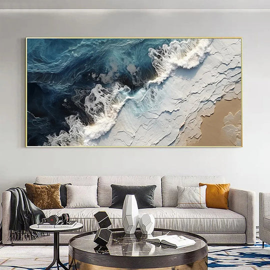 Blue Ocean Wave Sand Shoreline Abstract Canvas Wall Art