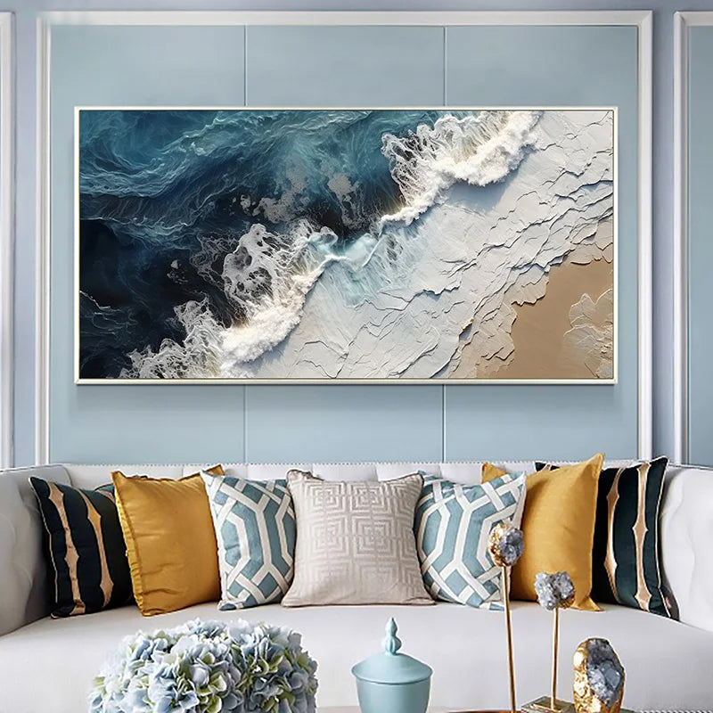 Blue Ocean Wave Sand Shoreline Abstract Canvas Wall Art