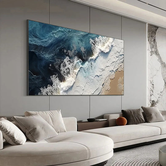 Blue Ocean Wave Sand Shoreline Abstract Canvas Wall Art