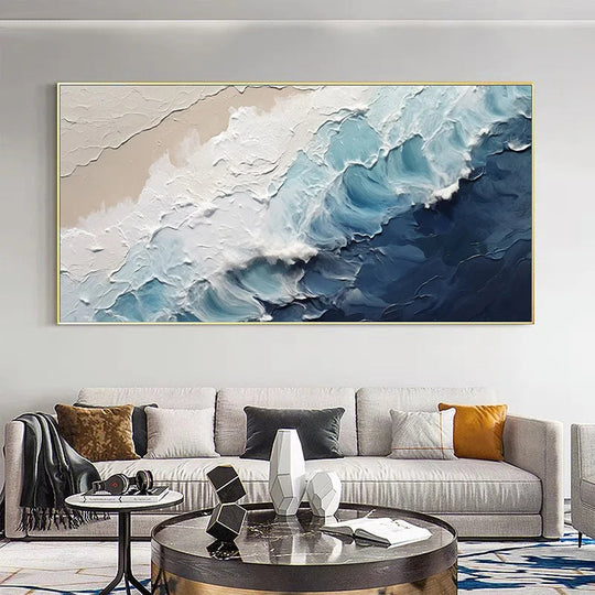 Blue Ocean Wave Sand Shoreline Abstract Canvas Wall Art