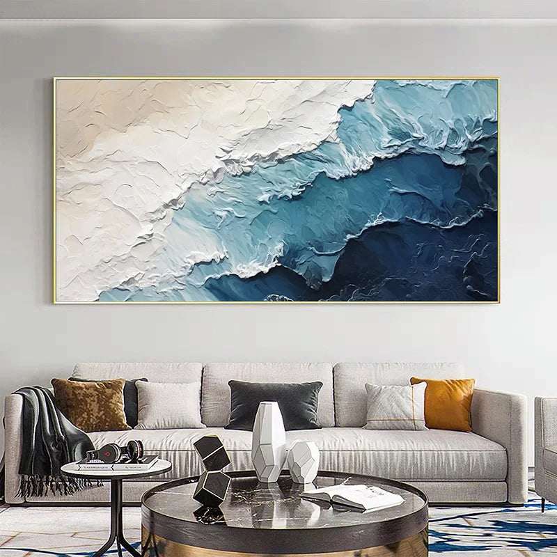 Blue Ocean Wave Sand Shoreline Abstract Canvas Wall Art