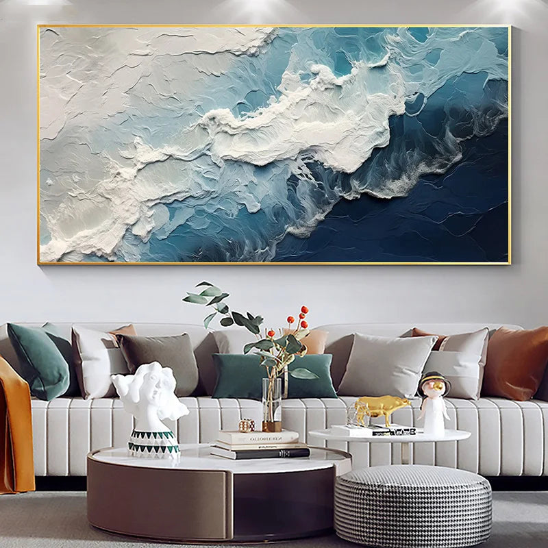 Blue Ocean Wave Sand Shoreline Abstract Canvas Wall Art