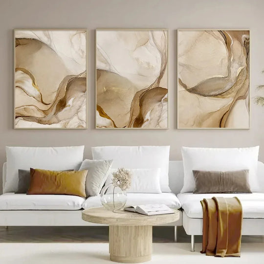 Golden Beige Liquid Marble Abstract Canvas Wall Art