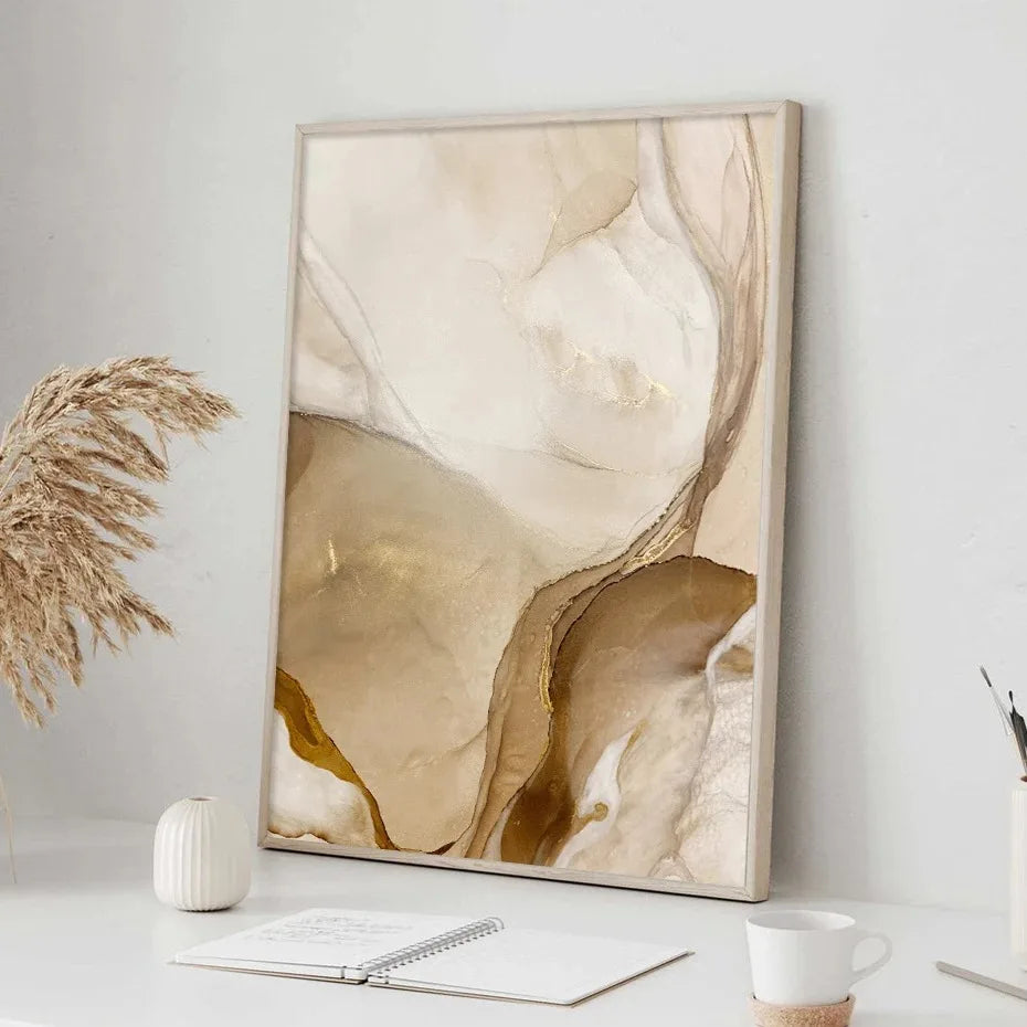 Golden Beige Liquid Marble Abstract Canvas Wall Art
