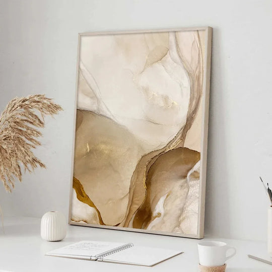Golden Beige Liquid Marble Abstract Canvas Wall Art